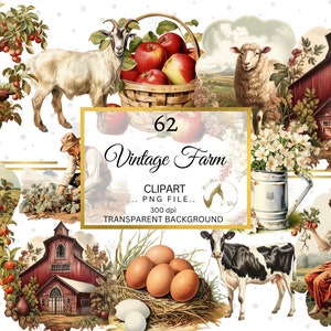 Pacote PNG de clipart de fazenda vermelha vintage, clipart de fazenda, clipart digital vintage de animais de fazenda, clipart de celeiro, maçã png, fazenda vintage PNG