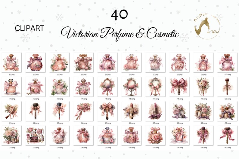 May include: A set of 40 Victorian-style perfume and cosmetic illustrations. The illustrations are in watercolor and feature pink, white, and gold colors. The illustrations include perfume bottles, makeup brushes, mirrors, and flowers.