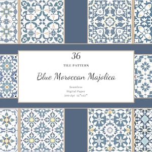 Tuiles de majolique marocaine bleue, couleurs mates neutres, papier numérique répétitif bleu, conceptions de carreaux uniques, carreaux méditerranéens, utilisation commerciale