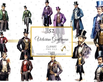 Clipart di gentiluomini vittoriani ad acquerello, pacchetto PNG di moda (download digitale)