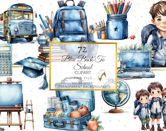 May include: A set of 72 blue back to school clipart images. The images include a school bus, backpack, calculator, graduation cap, easel, globe, laptop, pencils, and children. The images are 300 dpi and 12 inches by 12 inches. The background is transparent.