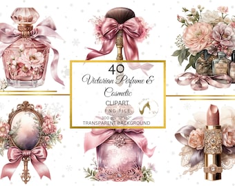 Può includere: Un set di 40 immagini clipart in stile vittoriano con profumi e cosmetici. Le immagini presentano colori rosa e oro, motivi floreali e dettagli decorativi. Le immagini sono perfette per creare progetti di scrapbooking digitale, inviti e altri progetti di artigianato.