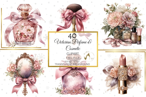 Victorian Perfume Bottle Clipart, Pink Floral Cosmetics (PNG, 12"x12")