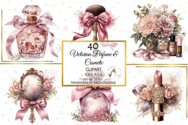 May include: A set of 40 Victorian-style perfume and cosmetic clipart images. The images feature pink and gold colors, floral designs, and ornate details. The images are perfect for creating digital scrapbooking projects, invitations, and other craft projects.