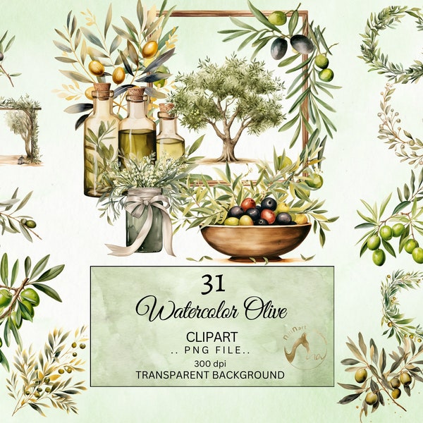 Watercolor Olive Clipart - digital png olive branches and leaves graphics, Olive Wreaths, Olive Trees, Olive Frames, Commercial Use Clip art