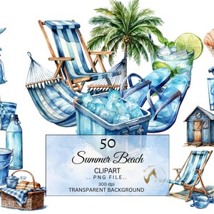 Clipart Summer Beach, Estate sulla spiaggia, Clipart digitale sulla spiaggia per viaggi sull'oceano, Clipart per le vacanze estive dell'acquerello, Creazione di cartoline, ClipArt blu