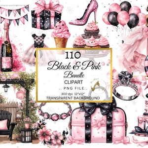 Clipart de fiesta en negro y rosa, ilustraciones en acuarela en rosa y negro, gráficos de moda para planificadores y papelería, conjunto de imágenes prediseñadas de chicas de moda