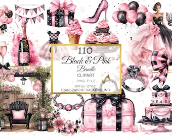Black and Pink Party Clipart, Watercolor Fashion Graphics (Digital Download)