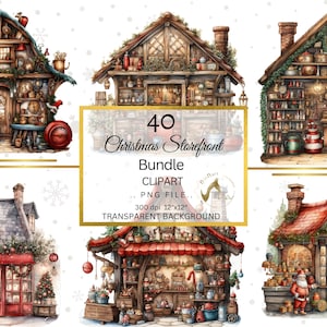 Watercolor Christmas Store Clipart Bundle, Christmas Storefront PNG, Christmas Building, Christmas Gnome Storefront, Transparent Background