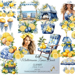 Clipart spiaggia mediterranea ad acquerello, Clipart limone, Clipart costa mediterranea, Clip art png blu e limone, Creatore di scene estive PNG