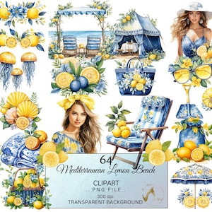 Watercolor Mediterranean Beach Clipart, Lemon Clipart, Mediterranean Coast clipart, Blue and Lemon png clip art, Summer Scene Creator PNG