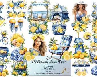 Watercolor Mediterranean Beach Clipart, Lemon Clipart, Mediterranean Coast clipart, Blue and Lemon png clip art, Summer Scene Creator PNG