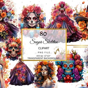 Día De Los Muertos Clipart, PNG transparents de haute qualité, Téléchargement numérique, Ensemble de conception d’Halloween mexicain, Crânes de sucre, Sugar Skull Girl