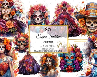 May include: A set of 80 digital clipart images featuring sugar skull designs. The images are in PNG format with a transparent background. The designs include a variety of sugar skulls with flowers, candles, and other decorative elements. The images are perfect for creating digital projects, such as invitations, cards, and scrapbook pages.