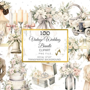 100 clipart di matrimonio ad acquerello, sequenza temporale del matrimonio PNG, icone degli elementi del matrimonio, diario spazzatura, artigianato digitale, clipart per uso commerciale
