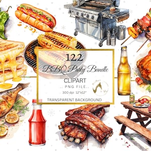 Watercolor Food Clipart Bundle, Barbeque Watercolor Clipart Bundle, Fast food clipart,S treet food clip art, Card Making, Junk Journal PNG