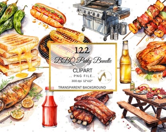 Akvarell BBQ Clipart-paket, Matillustrationer (PNG)