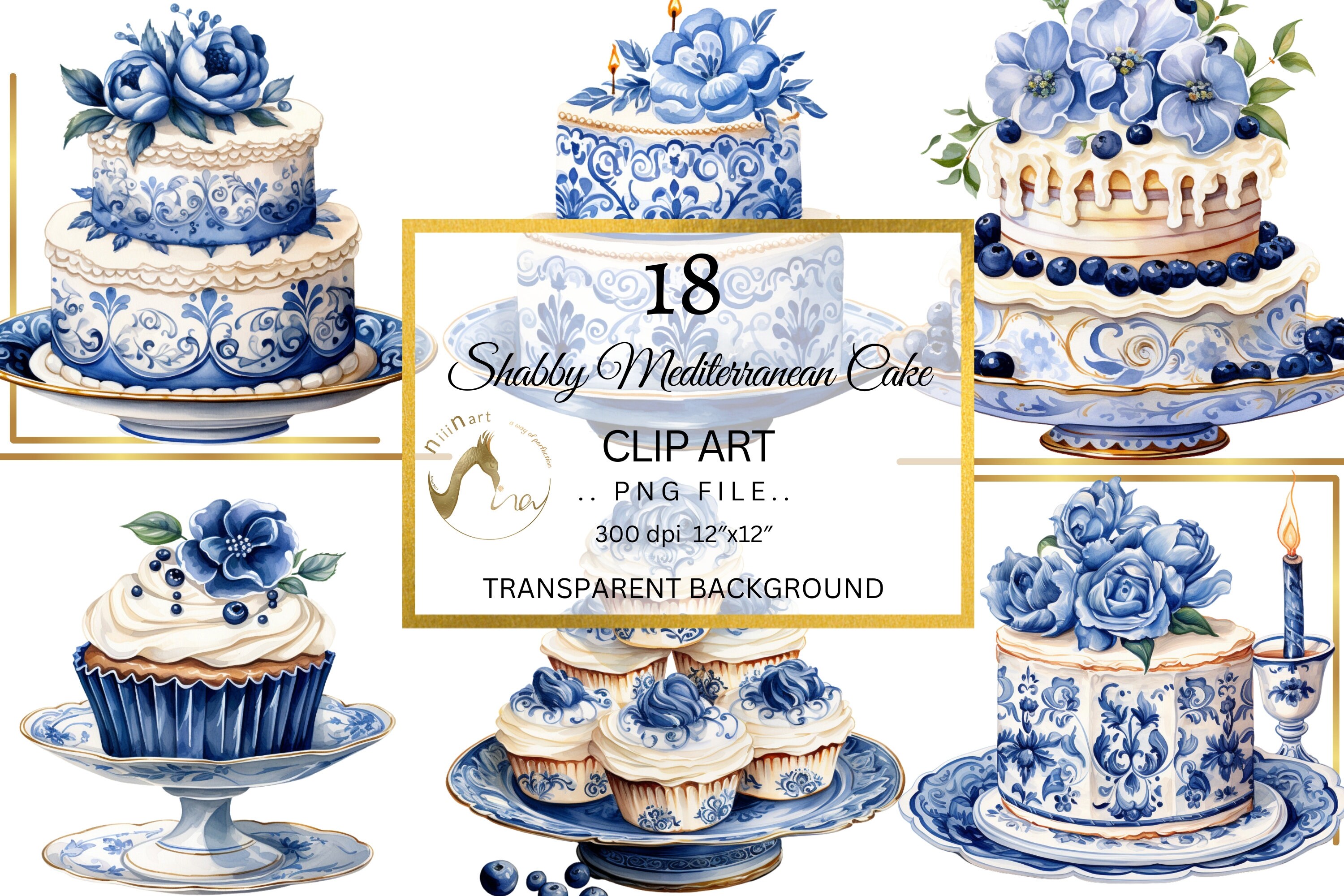 Mediterranean Cake Clipart, Blue Floral PNG Images (digital Download ...