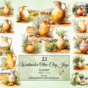 Puede incluir: 21 ilustraciones de acuarela de jarras de arcilla de oliva con ramas de olivo y paisajes. Las jarras son de varios tonos de marrón, beige y blanco. El fondo es verde claro.