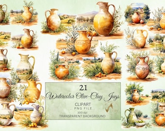 May include: 21 watercolor illustrations of olive-clay jugs with olive branches and landscapes.  The jugs are in various shades of brown, beige, and white.  The background is a light green.