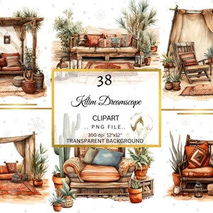 Watercolor Morrocan Kilim Dreamscapes Clipart, rustic furnitures and kilims, Desert Clipart, Traditional Furniture Clipart, commercial use