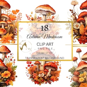 Watercolor Autumn Mushroom Clipart, Autumn Forest Clipart, Watercolor Mushrooms Clipart, Autumn forest nature toadstool clip art PNG format
