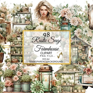 Aquarel rustieke salie boerderij clipartbundel, rustieke clipartbundel, neutrale kleur boerderij png, gezellige boerderijdecoraties, scrapbooking