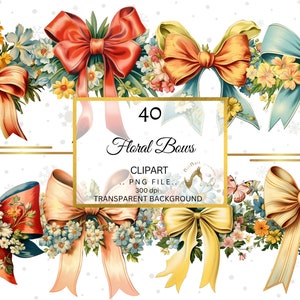 May include: Watercolor clipart featuring 40 floral bows in various colors, including red, orange, yellow, and blue. Each bow is adorned with floral arrangements and set against a white background. The image includes text that reads "40 Floral Bows".