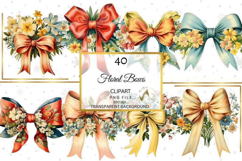 May include: Watercolor clipart featuring 40 floral bows in various colors, including red, orange, yellow, and blue. Each bow is adorned with floral arrangements and set against a white background. The image includes text that reads "40 Floral Bows".