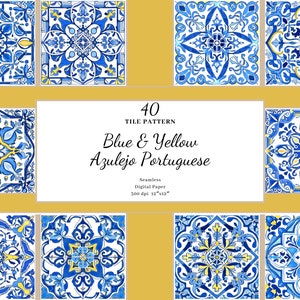 Bleu et jaune aquarelle Azulejo carreaux portugais papier numérique, papier numérique sans soudure, carrelage motif aquarelle, licence commerciale