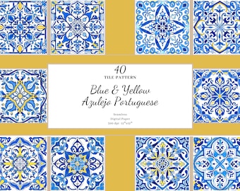 Blue and Yellow Azulejo Tiles, Watercolor Portuguese Pattern (Digital Paper)