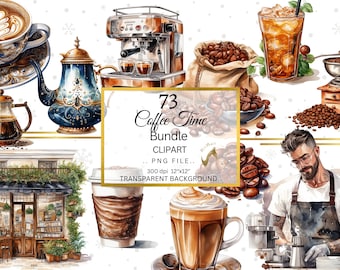 Watercolor Coffee Clipart Bundle, Coffee Shop PNG (Digital Download)