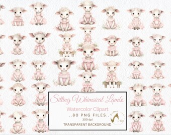 Watercolor Lamb Clipart, Pink Dress, Whimsical Lambs PNG (Digital Download)
