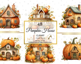 Watercolor Pumpkin Fairy House Clipart, Fall PNG Graphics (Digital Download)