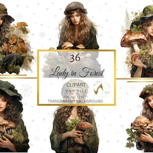 Clipart de senhora na floresta, clipart de bruxa de ervas, floresta mágica e clipart de bruxa PNG, álbum de recortes de bruxa, diário de lixo, álbum de recortes de artesanato em papel