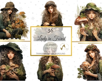 Herbal Witch Clipart, Magical Forest Lady PNG (Digital Download)