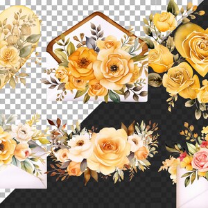 Op de afbeelding: Waterverfillustraties van bloemstukken met gele rozen en andere bloemen. De ontwerpen omvatten een hartvorm, enveloppen en boeketten. Het kleurenpalet is voornamelijk geel, met accenten van wit, bruin en groen.