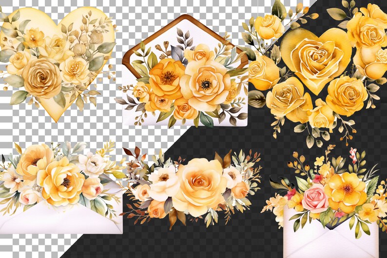 Op de afbeelding: Waterverfillustraties van bloemstukken met gele rozen en andere bloemen. De ontwerpen omvatten een hartvorm, enveloppen en boeketten. Het kleurenpalet is voornamelijk geel, met accenten van wit, bruin en groen.