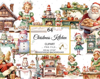 Könnte beinhalten: Ein Set mit 64 digitalen Weihnachtsküchen-Clipart-Bildern. Die Bilder zeigen eine Vielzahl von festlichen Elementen, darunter ein Lebkuchenhaus, einen Schneemann, den Weihnachtsmann, Elfen und eine Küche mit Herd und Backofen. Die Bilder sind perfekt zum Erstellen von Weihnachtskarten, Einladungen, Scrapbook-Seiten und anderen festlichen Bastelarbeiten.