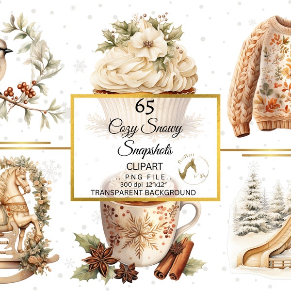 Cosy Winter Clipart Set, Aquarell gemütlicher Winter, Weihnachtscliparts, heißer Kakao, Kuchen, Geschenkboxen, Weihnachtszeit, Aquarell Winter, gemütliche Cliparts