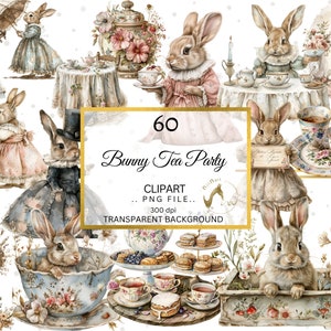 Clipart acquerello vintage floreale per l'ora del tè, clipart coniglietto carino, clipart ora del tè, clipart acquerello festa del tè, bundle clipart shabby chic