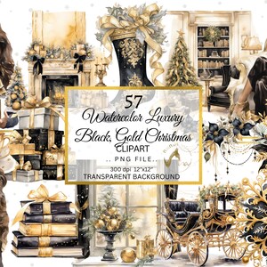 Schwarz & Gold Weihnachten PNG Clipart Bundle Aquarell Schwarz Gold Cottagecore Weihnachten Clipart Digital Download Urlaub Kunst Sublimation #2