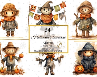 Conjunto de imagens de espantalho de Halloween em aquarela (PNG, 12x12, 300 dpi)
