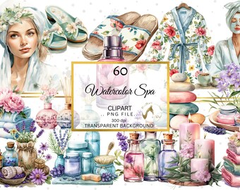 Watercolor Spa Clipart, Self Care PNG Graphics (Digital Download)