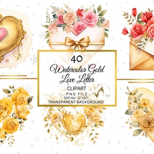 Op de afbeelding: Waterverf clipartset met gouden en bloemige elementen. Bevat enveloppen, harten en rozen in goud, roze en rood. De afbeelding bevat ook de tekst "40 Watercolor Gold Love Letter Clipart".