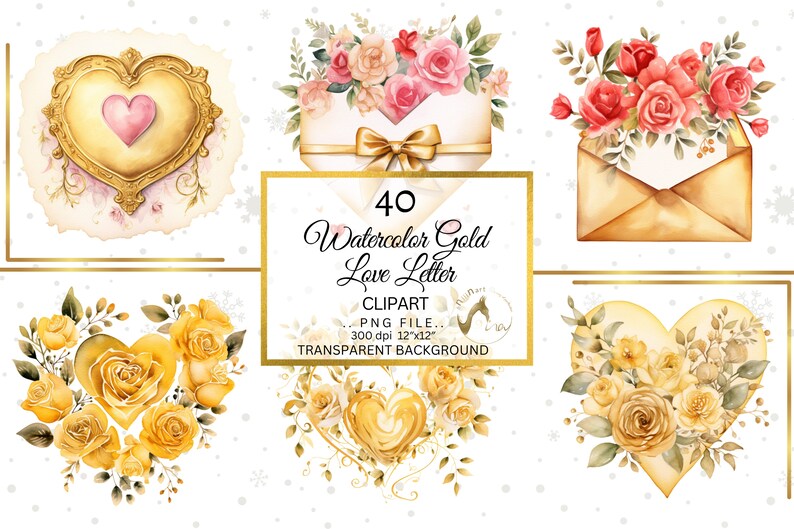 Op de afbeelding: Waterverf clipartset met gouden en bloemige elementen. Bevat enveloppen, harten en rozen in goud, roze en rood. De afbeelding bevat ook de tekst "40 Watercolor Gold Love Letter Clipart".