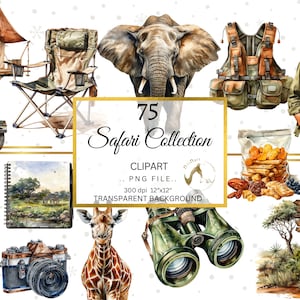 Paquete de imágenes prediseñadas de Safari en acuarela, Imágenes esenciales de Safari, Imágenes prediseñadas de animales de Safari en acuarela, PNG de sublimación, fabricación de tarjetas, Scrapbooking