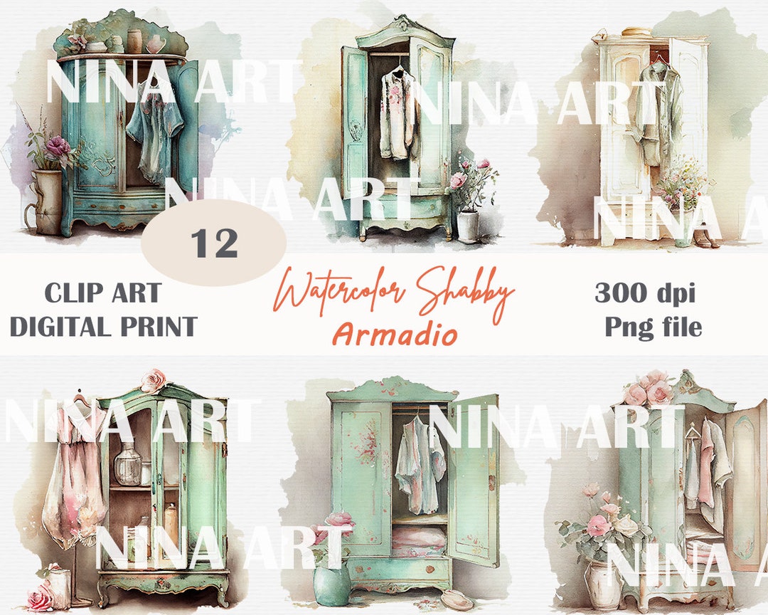 Shabby Chic Wardrobe Clipart, Shabby Chic Watercolor, Vintage Closet ...