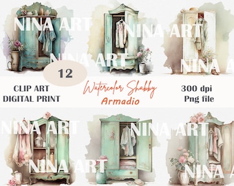 Shabby Chic Wardrobe Clipart, Watercolor Floral Closet (PNG File)