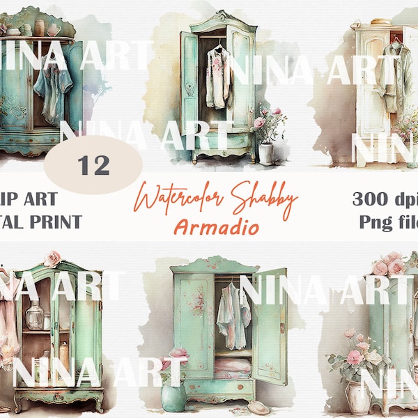 Clipart de garde-robe Shabby Chic, aquarelle Shabby Chic, placard vintage, Clipart floral, Clipart de garde-robe, sublimation des cliparts, usage Commercial